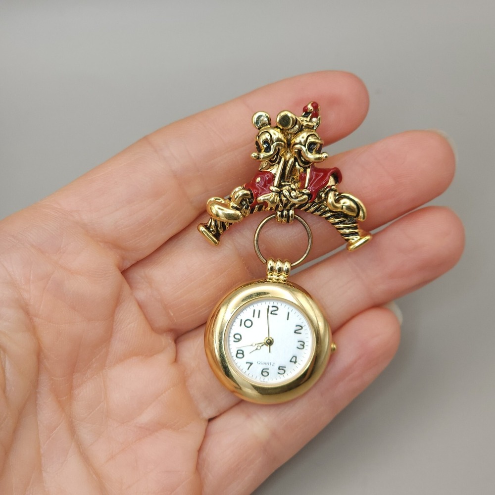 Disney Napier Mickey & Minnie Quartz Pin Watch Dangle Gold Tone 2" 90s Vintage - Picture 11 of 11
